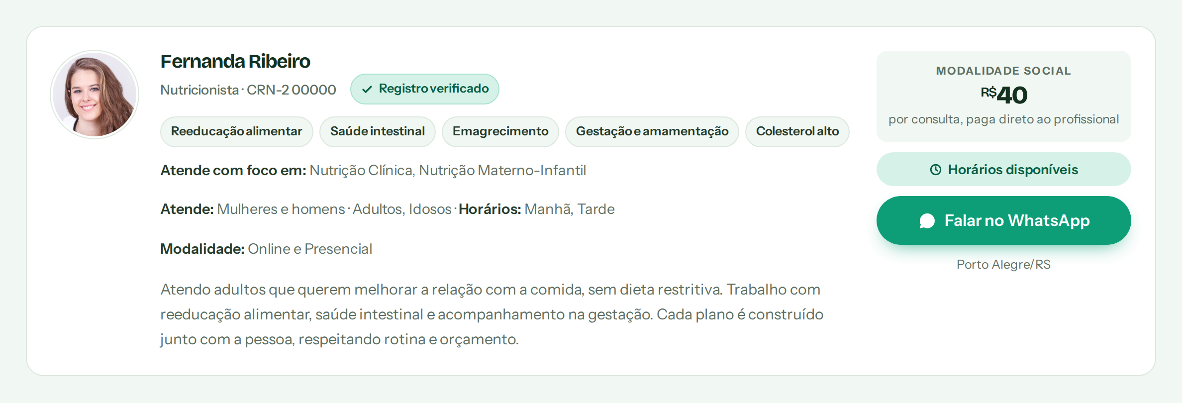 Exemplo ilustrativo de um perfil publicado na vitrine da ConsultaNutri, com foto, registro verificado, temas de atuação, áreas de atuação, horários e botão de WhatsApp